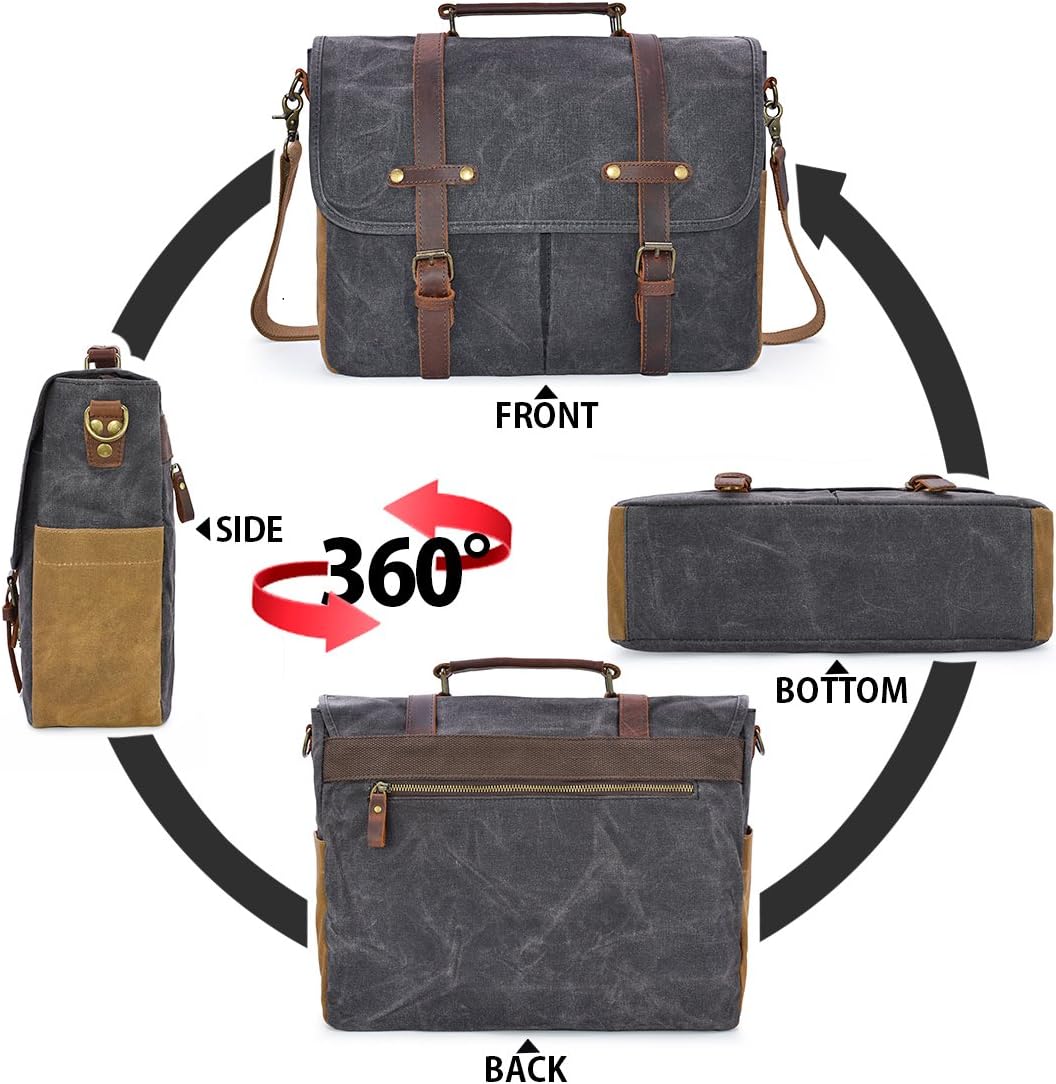 Mens Messenger Bag 15.6 Inch Waterproof Vintage Genuine Leather Waxed Canvas Briefcase Large Leather Computer Laptop Bag Rugged Satchel Shoulder Bag， Brown - Image 6